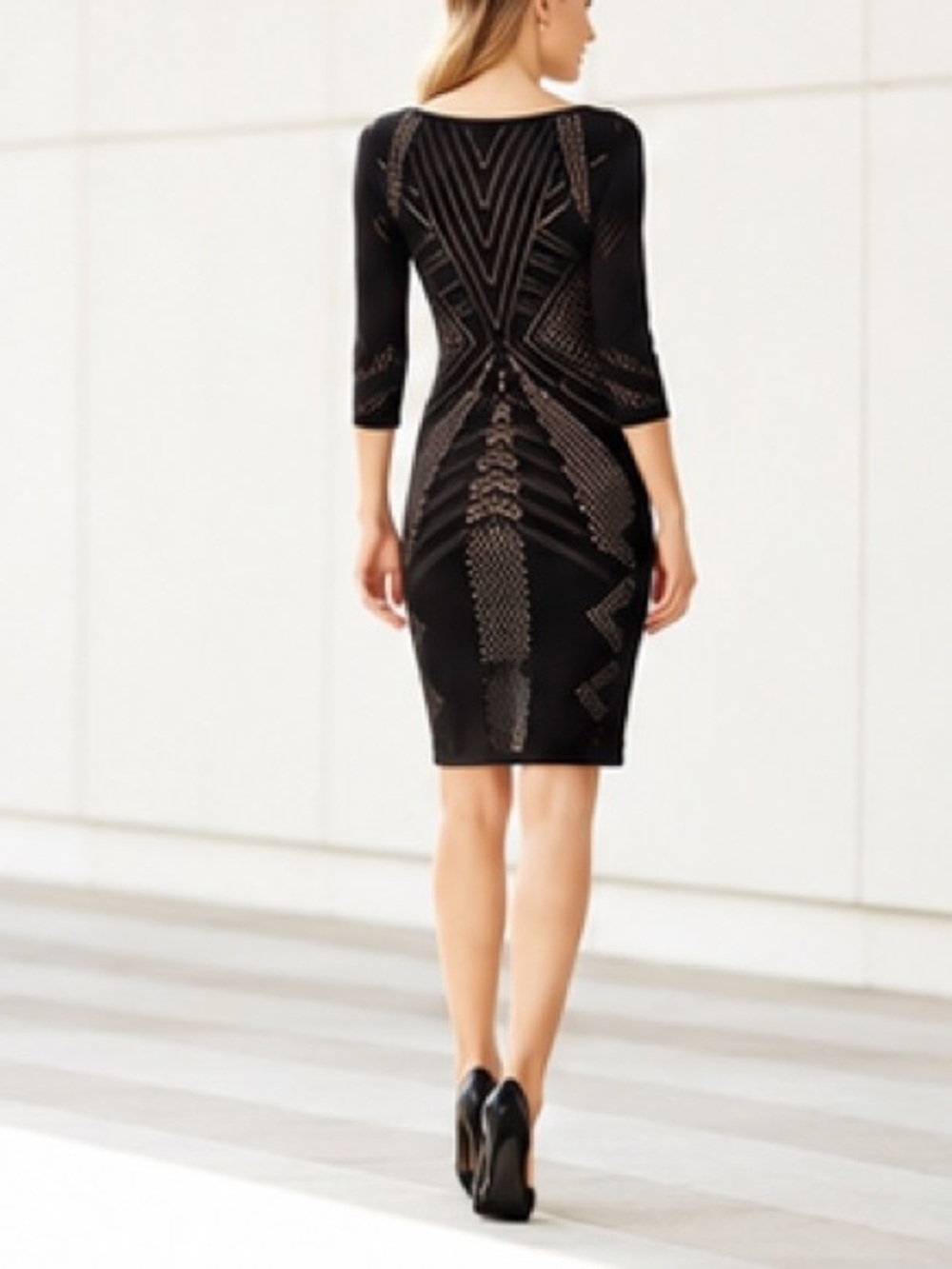 Calvin Klein black laser cut bodycon dress round neck 3/4 sleeves excellent S - Picture 2 of 9